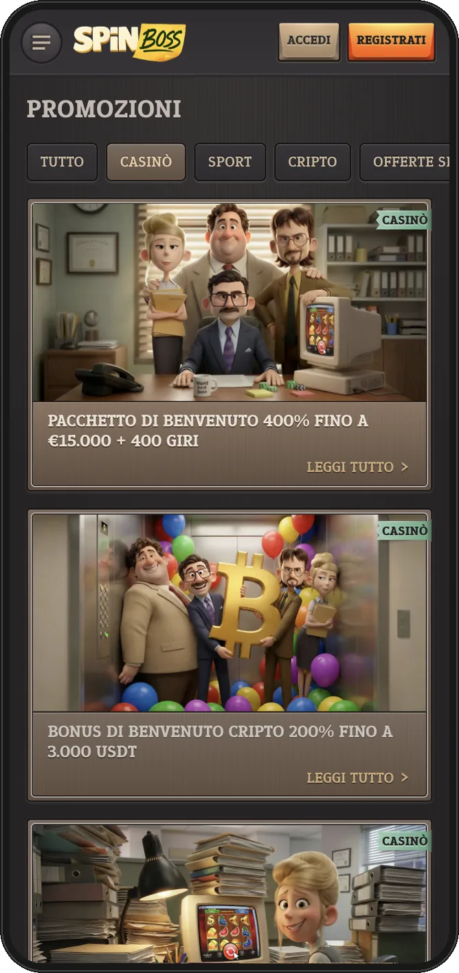 Pagina Promozioni di SpinBoss da mobile con il pacchetto di benvenuto 400% e il bonus cripto